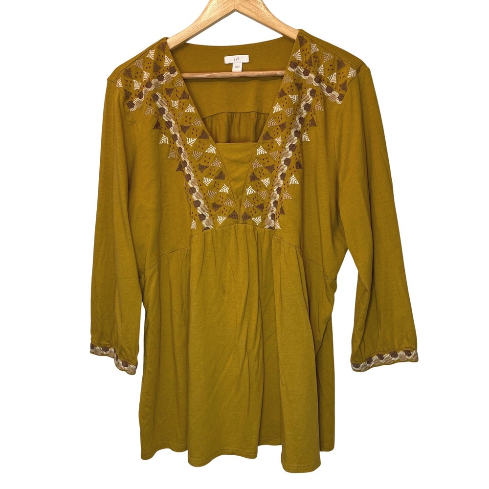 J Jill Mustard Yellow Embroidered Tunic Top 3/4 Sleeve Peasant Square Neck Large